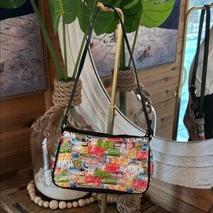 Authentic vintage 1990s surfer-style bag featuring patchwork travel surf print